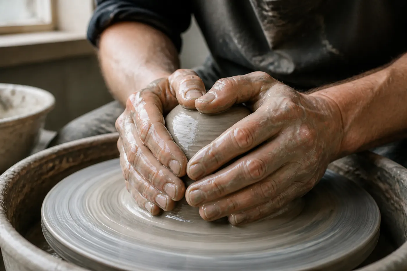 GPT Image 2: Close-up of a potter's hands centring wet grey clay on a spinning wheel. Both hands fully in frame, ten fingers, clay slip running over the knuckles. Studio window light from the left.