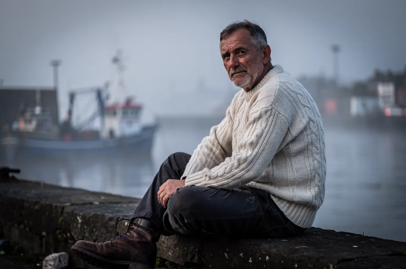 FLUX.2 Pro: A fisherman in his fifties on a harbour wall at dawn, wearing a thick cream cable-knit wool sweater. Weathered skin, grey stubble, overcast light. Shot on 85mm at f/2.