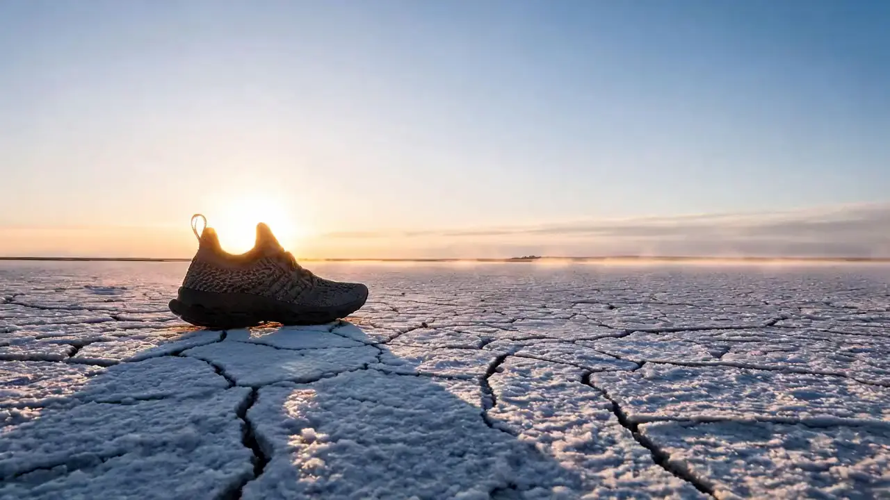 Une chaussure de sport posée sur un désert de sel craquelé au lever du soleil, le soleil bas éclatant derrière elle