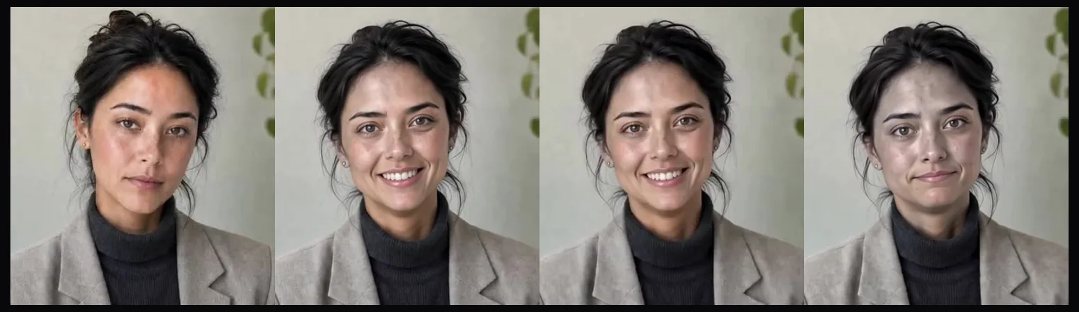 Quatre recadrages de visage : la première et la dernière image d’une prise, puis la première et la dernière de la suivante. Les deux du milieu sont identiques ; la quatrième est grise et tirée.