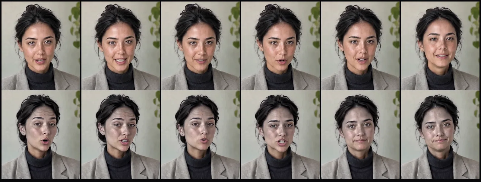 Deux rangées de six recadrages du visage de la même femme. La rangée du haut a la peau chaude et des taches de rousseur ; celle du bas est grise, cireuse et aux joues creusées.