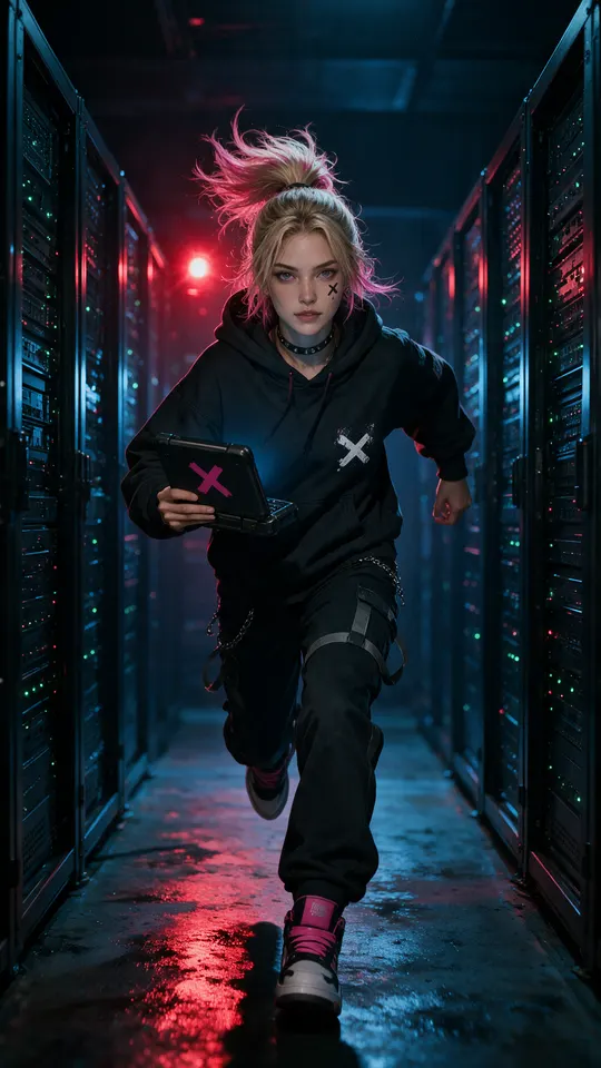 The supplied first frame: the character sprinting at the camera down a dark server aisle under a red alarm strobe