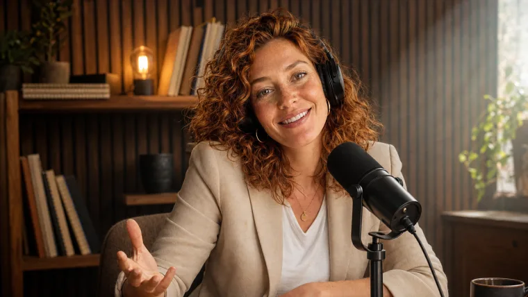 Le portrait fourni — la même femme au micro dans le studio lambrissé de noyer, dessinée en image fixe