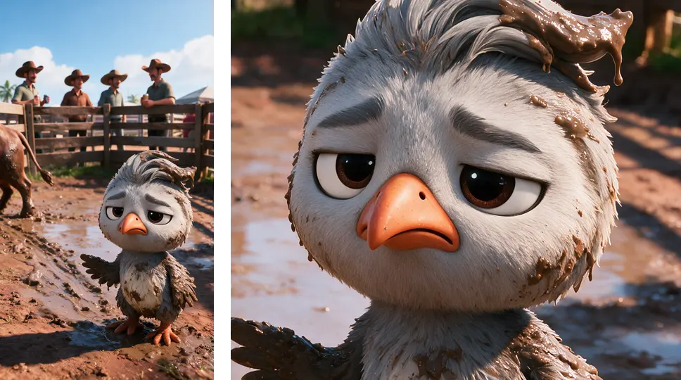 L’image de fin à côté d’un agrandissement du visage du poussin : la boue plaquée sur la huppe et le corps, tandis que les yeux, les sourcils et le bec orange restent propres et nettement lisibles.
