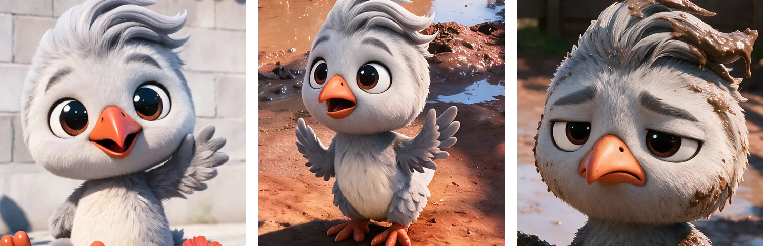 Trois recadrages du même poussin de cagou : l’image de référence toute simple, le poussin propre et alarmé de l’image d’ouverture, et le regard noir couvert de boue de l’image de fin. La huppe, le bec et les yeux sont identiques dans les trois.