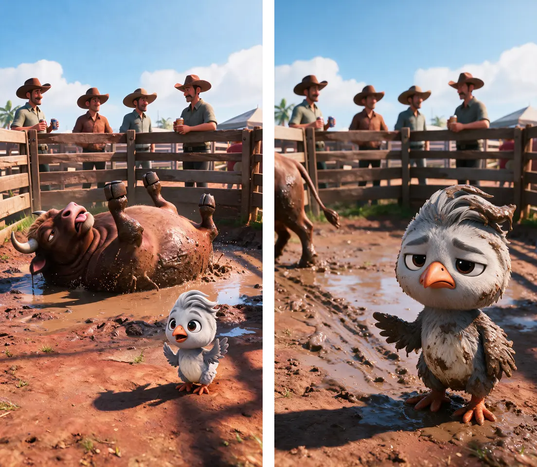 Deux images verticales côte à côte. À gauche : un taureau sur le dos dans une flaque de boue, les quatre pattes en l’air, un petit poussin gris tout propre alarmé au bord le plus proche, quatre cow-boys discutant derrière une barrière. À droite : le même poussin en gros plan, couvert de boue, fusillant la caméra du regard tandis que le taureau sort du cadre à gauche.
