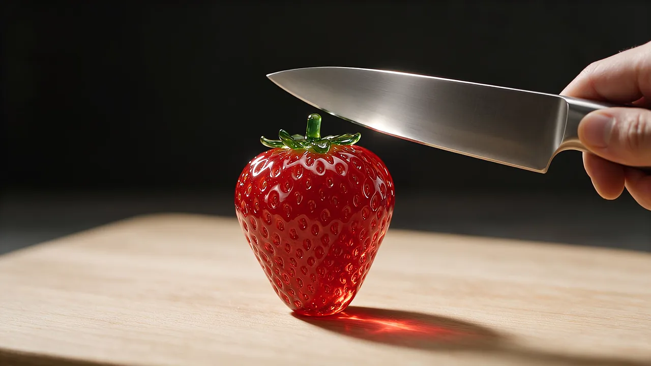 A knife slicing cleanly through a glass strawberry on a wooden board