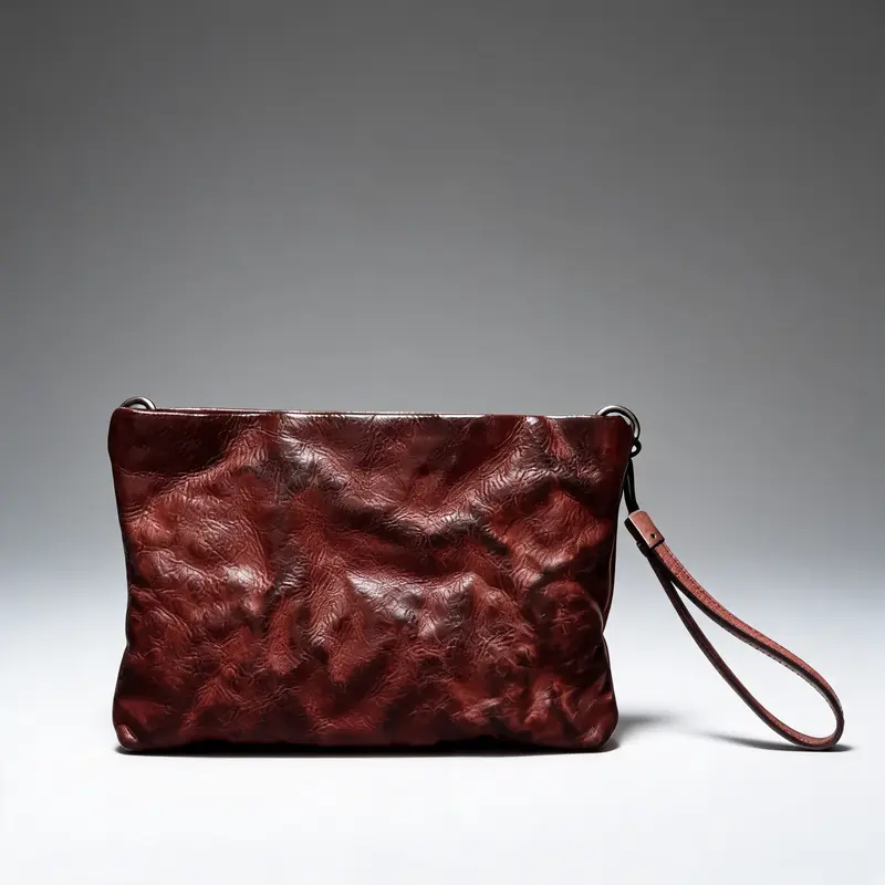 The same clutch on a seamless grey studio sweep, lit from the front left with one soft contact shadow under it