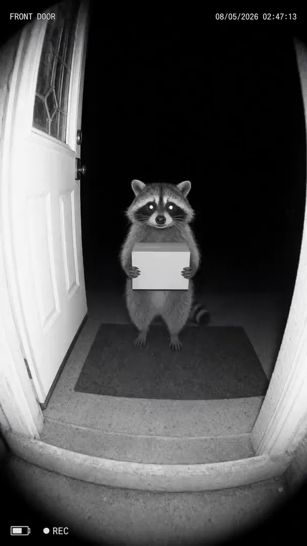 La vue nocturne d’une sonnette vidéo montrant un raton laveur debout sur le paillasson avec un colis, horodatée 02:47