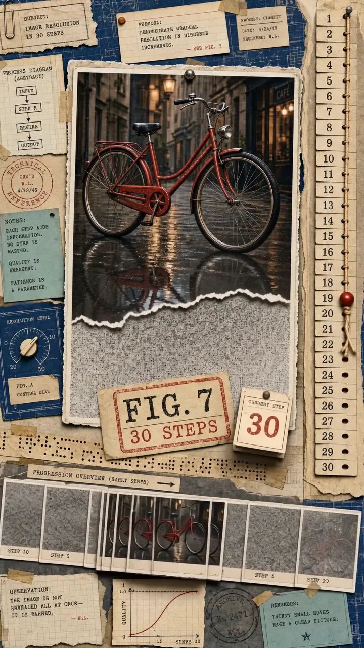 Une page d’explication façon carnet : la photo d’un vélo rouge sur un bord déchiré, un index numéroté de trente étapes et un schéma de processus