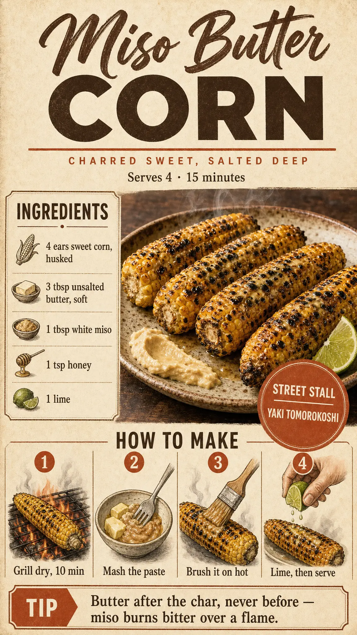 Une affiche de recette rustique pour du maïs au beurre miso : un titre mêlant script et sans-serif, une assiette de maïs grillé, un panneau d’ingrédients avec des icônes dessinées, quatre étapes numérotées et un encadré d’astuce