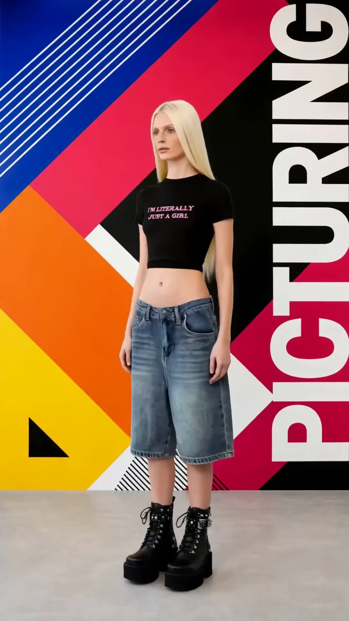 Un mannequin en t-shirt court et short en jean devant un mur de studio aux motifs géométriques marqués