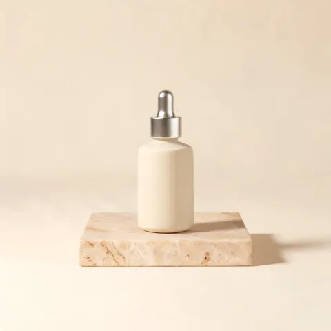Un flacon de sérum en céramique crème tout simple, bouchon compte-gouttes en aluminium brossé, posé sur un bloc de travertin devant un fond beige chaud