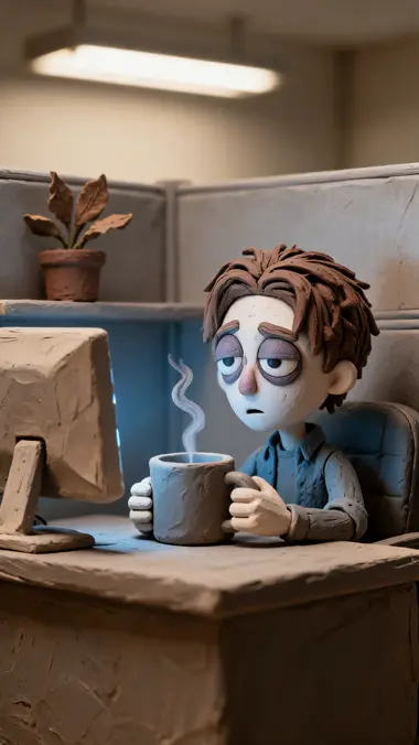 Un box de bureau en pâte à modeler : Derek affalé à son poste, les deux mains autour d’une tasse surdimensionnée, l’écran éclairant faiblement son visage.
