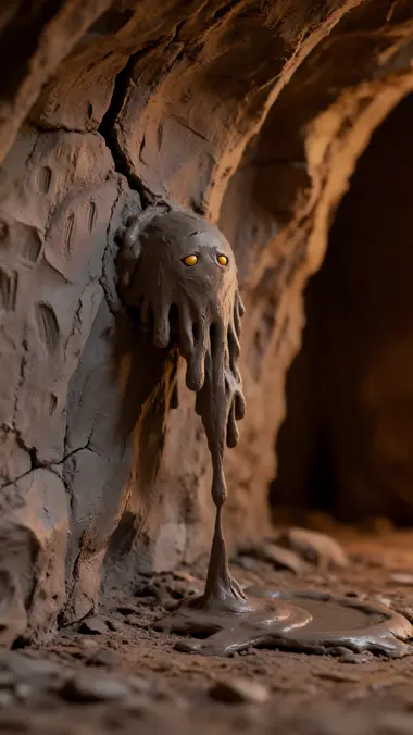 Une boue d’argile gris-brun suintant d’une fissure haute dans la paroi d’une grotte et coulant en lourds bourrelets.