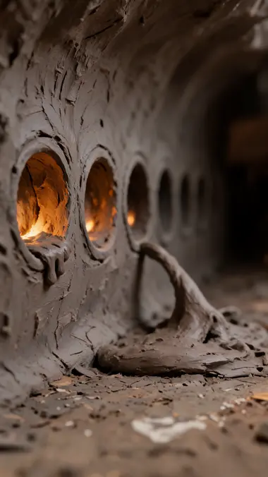 Une rangée de prises de la taille d’une pièce le long d’une paroi de grotte en argile, trois d’entre elles bourrées de boue et brûlant d’un ambre intérieur.