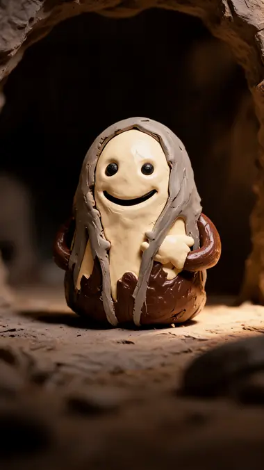 L’imposteur, une petite figurine d’argile crème dans un costume de boue mal ajusté, seul dans une flaque de lumière ambrée.